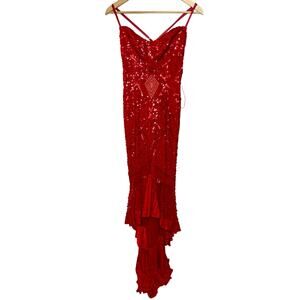 NWT Mandalay Red Sequin High Low Maxi Mermaid Gown Evening Formal Dress Size 8